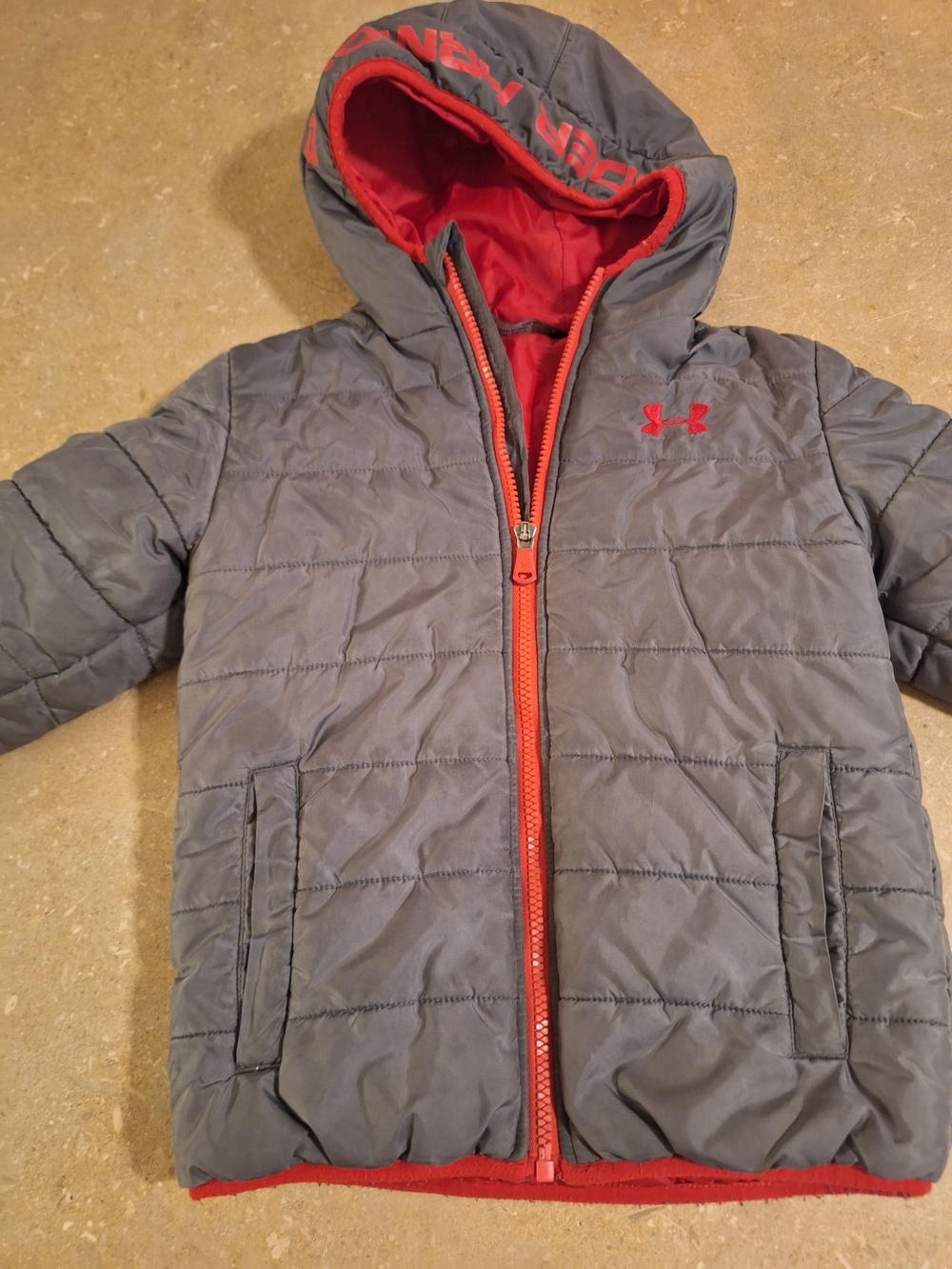 Under Armour Kids Gray Jacket with Red Trim Hooded Puffer